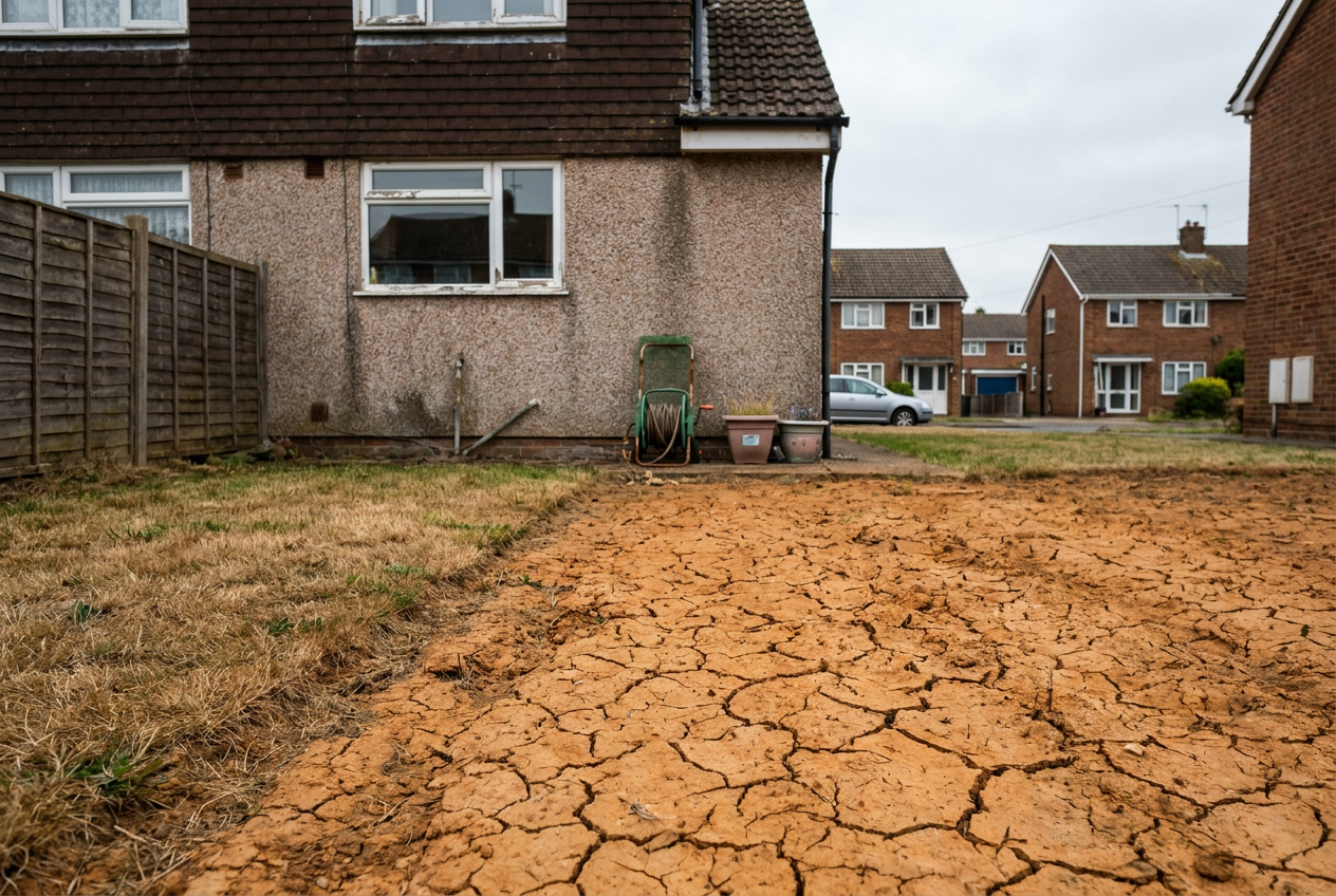 Dry cracked clay soil in a garden beside a house