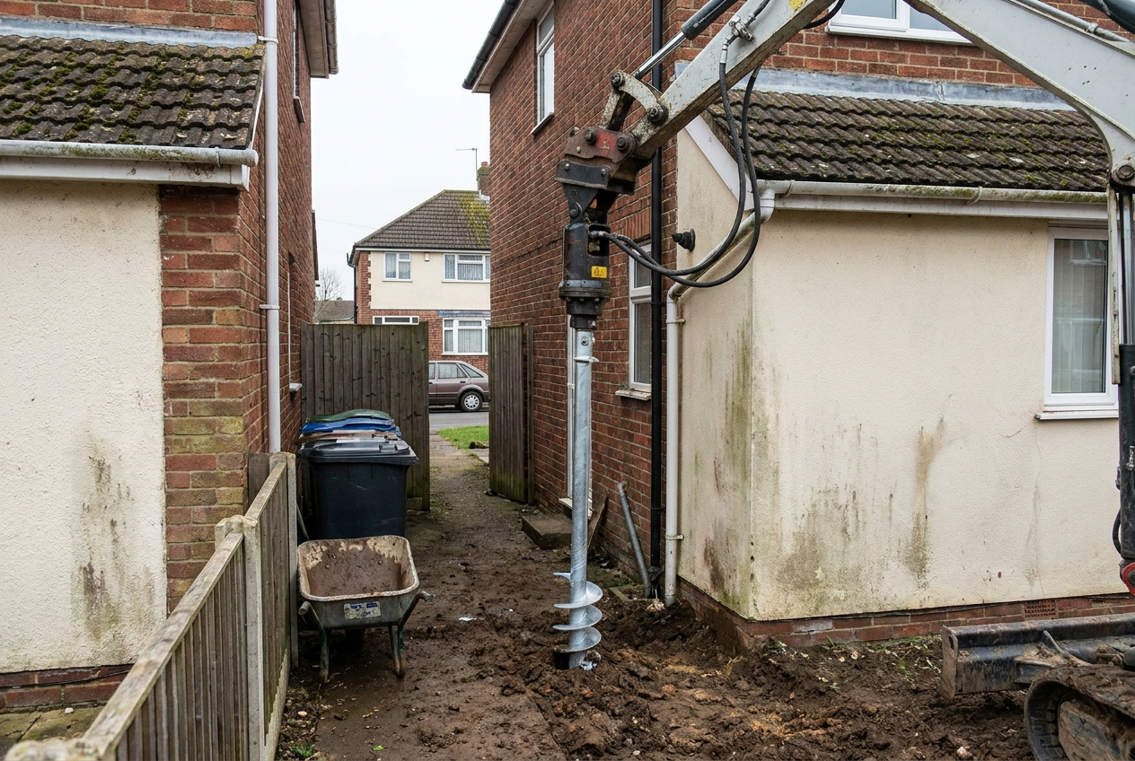 A helical screw pile being driven into the ground beside a house