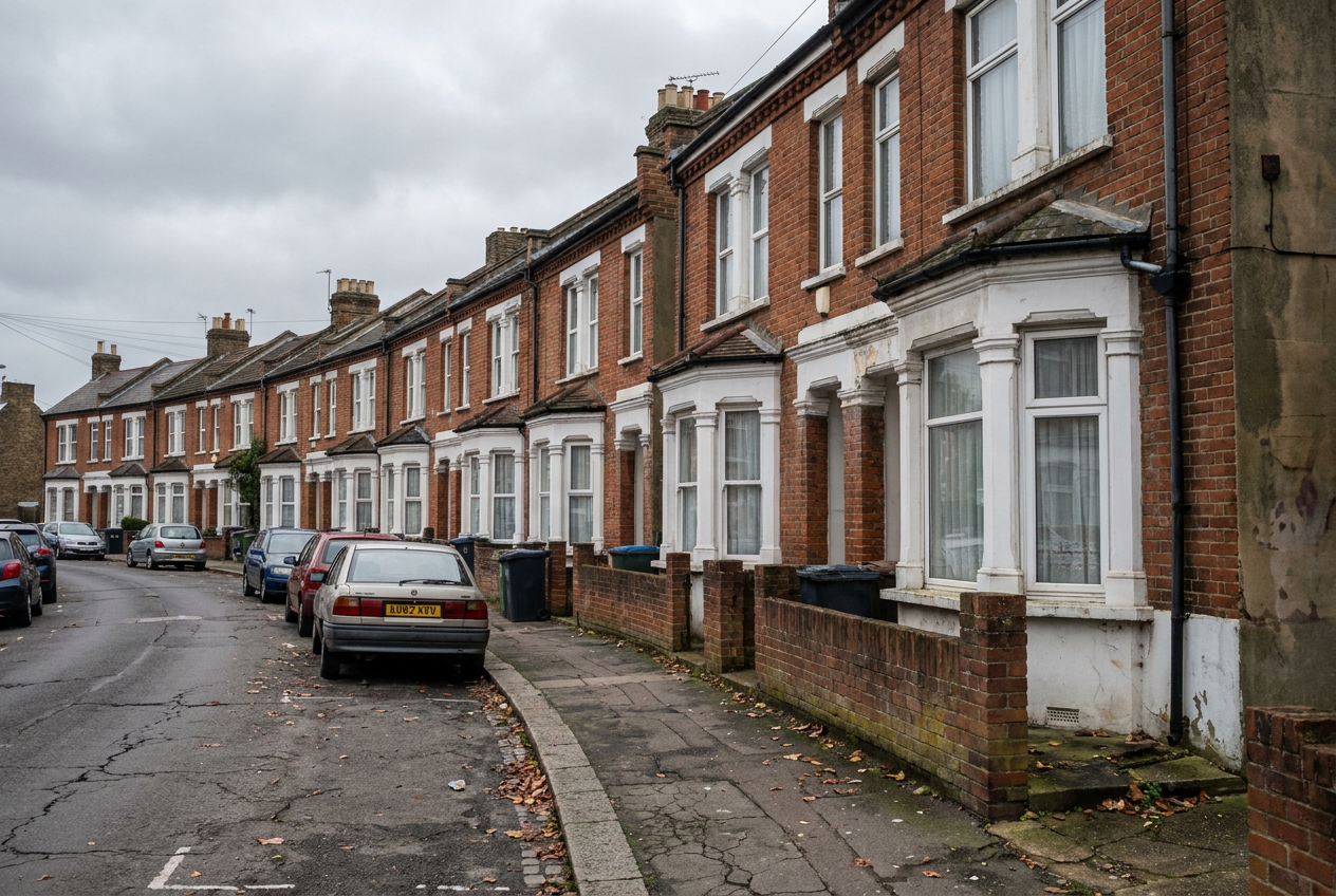 A curving street of Edwardian brick terraced houses with bay windows and parked cars