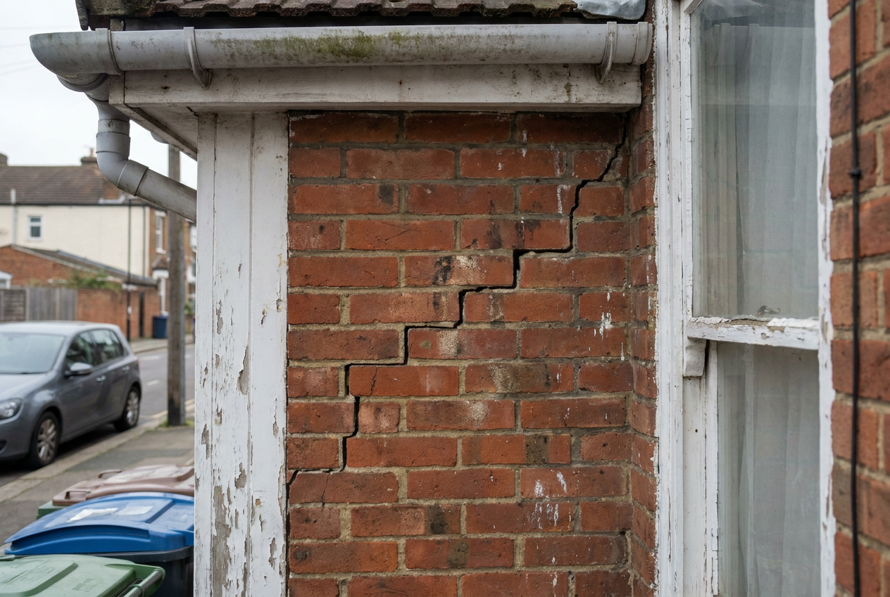 A stepped diagonal crack in a brick wall beside a window