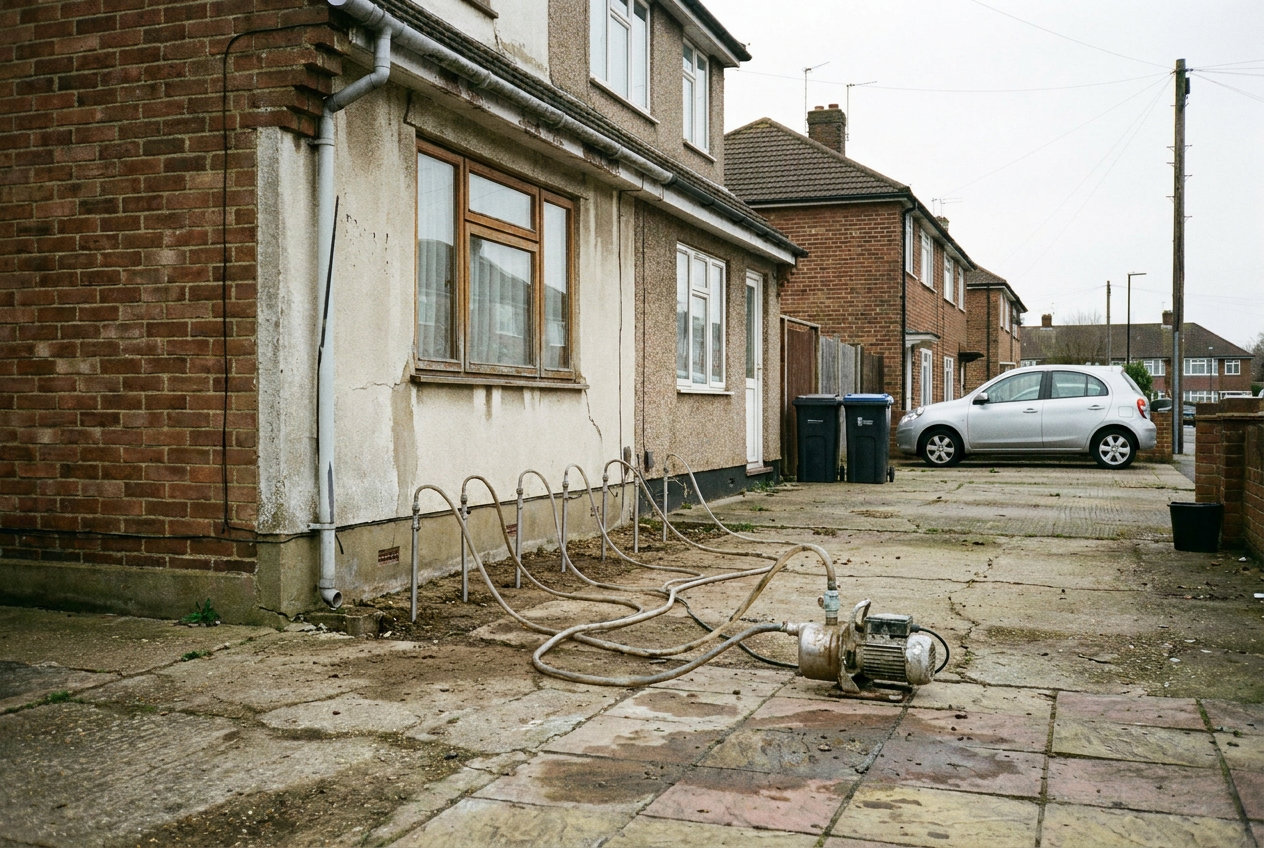 Resin injection tubes and hoses connected to a pump at a house foundation